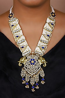 Gold Finish Blue Kundan Polki Long Necklace Set