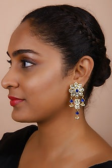 Gold Finish Blue Kundan Polki Long Necklace Set