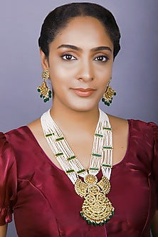 Gold Finish Emerald Green Kundan Polki Long Necklace Set