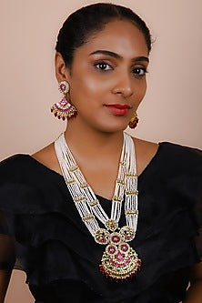 Gold Finish Pink Kundan Polki Long Necklace Set