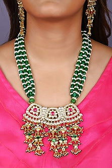 Gold Finish Emerald Green Kundan Polki Long Necklace Set