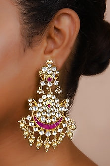 Gold Finish Pink Kundan Polki Chandbali Earrings