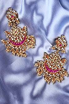 Gold Finish Pink Kundan Polki Chandbali Earrings