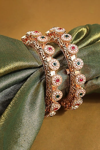 Gold Finish Ruby & Emerald Green Kundan Polki Kadas (Set Of 2)