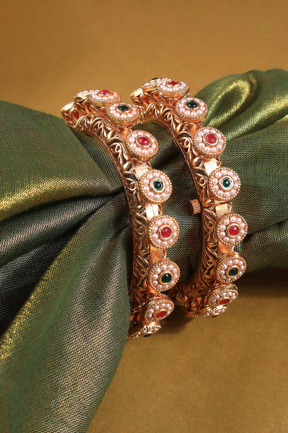 Gold Finish Ruby & Emerald Green Kundan Polki Kadas (Set Of 2)
