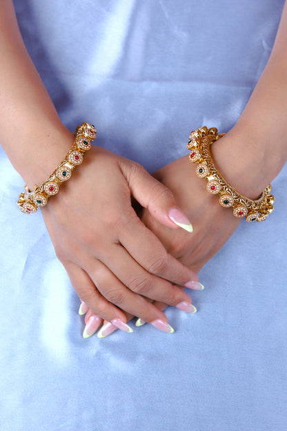 Gold Finish Ruby & Emerald Green Kundan Polki Kadas (Set Of 2)