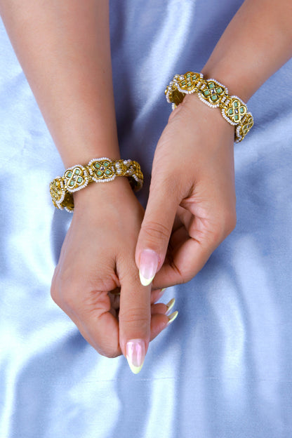 Gold Finish Mint Green Kundan Polki Kadas (Set Of 2)