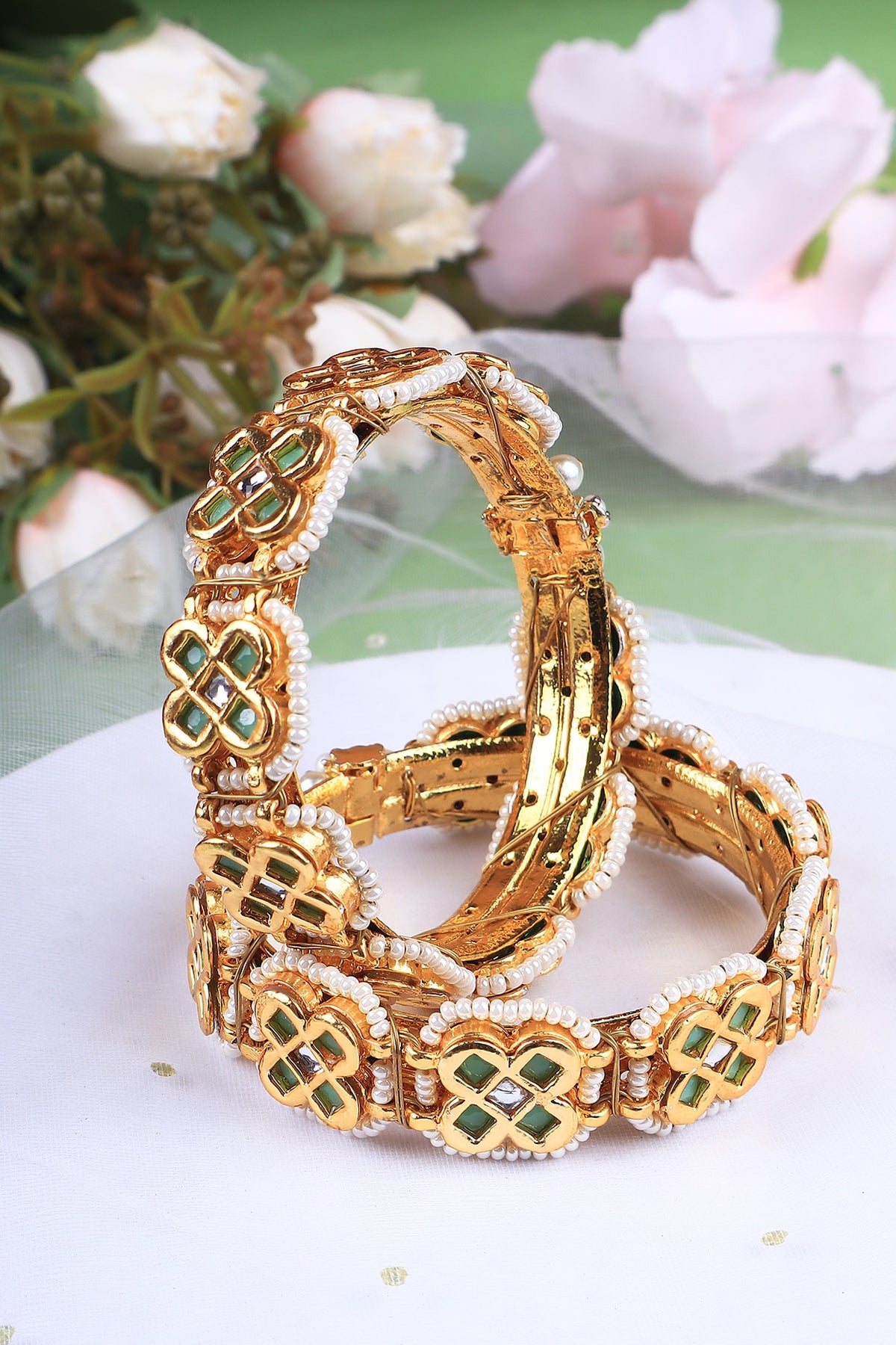 Gold Finish Mint Green Kundan Polki Kadas (Set Of 2)