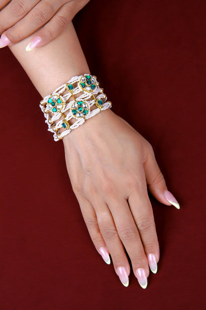 Gold Finish Emerald Green Kundan Polki & Pearl Bracelet