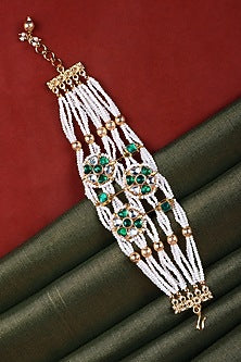 Gold Finish Emerald Green Kundan Polki & Pearl Bracelet