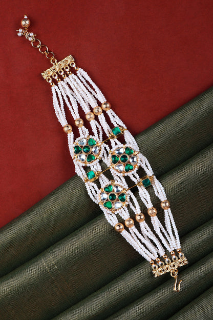 Gold Finish Emerald Green Kundan Polki & Pearl Bracelet