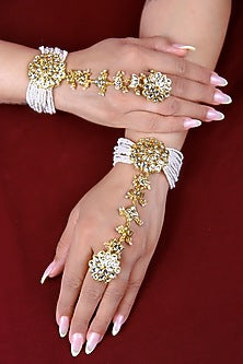 Gold Finish Kundan Polki Hathphool (Set Of 2)