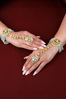 Gold Finish Mint Green Kundan Polki Hathphool (Set Of 2)