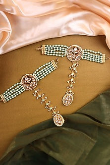 Gold Finish Mint Green Kundan Polki Hathphool (Set Of 2)