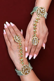 Gold Finish Mint Green Kundan Polki Hathphool (Set Of 2)