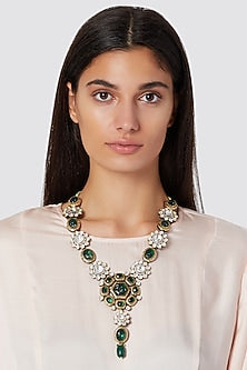 Gold Finish Green Beaded Necklace
