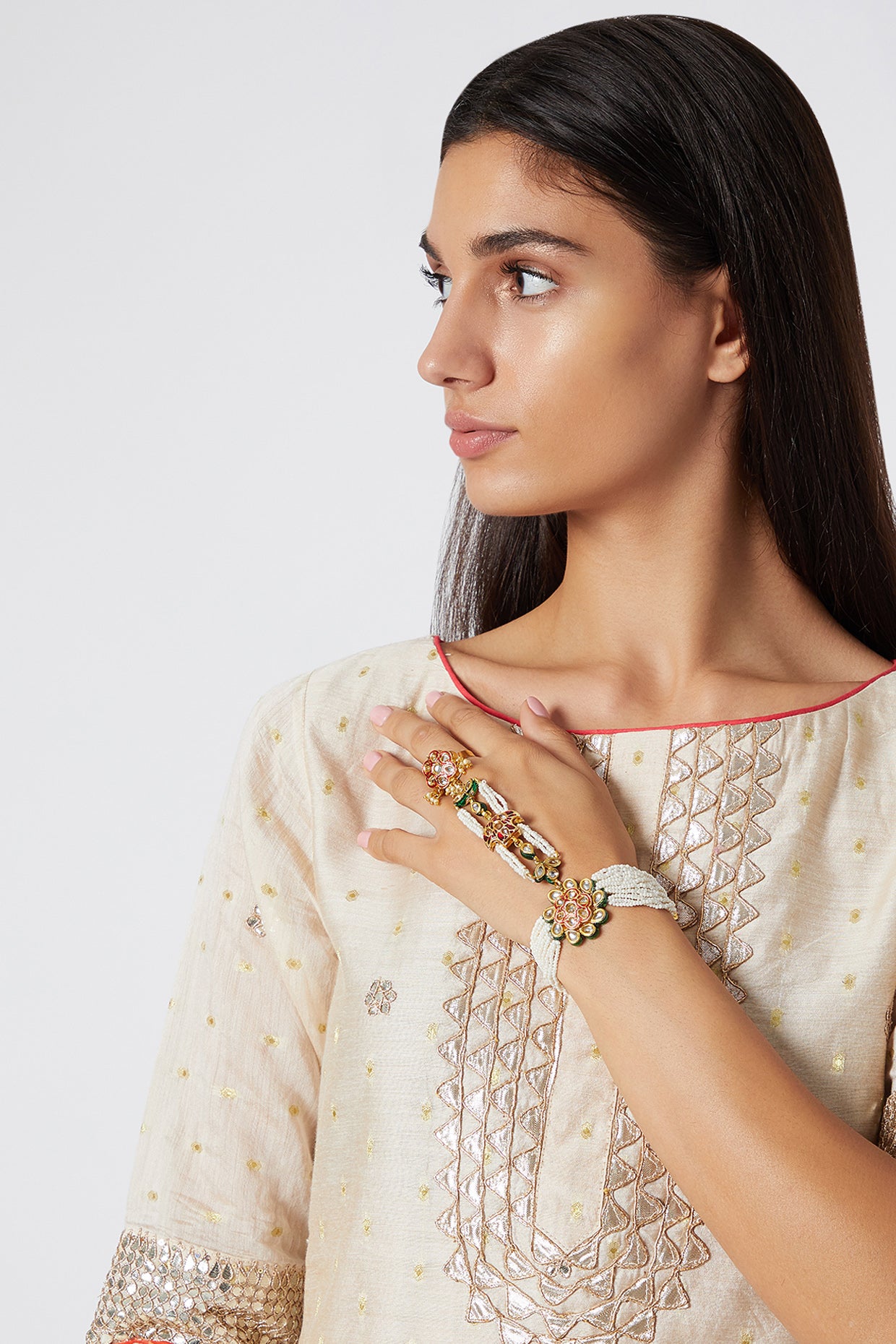 Gold Finish Pearl Ring Hathphool