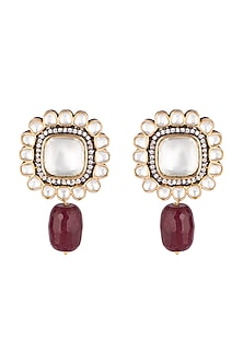 Gold Finish Maroon Drop Stud Earrings
