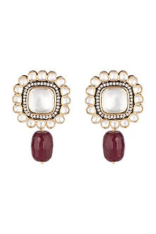 Gold Finish Maroon Drop Stud Earrings