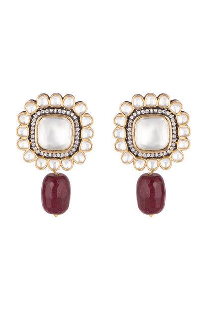 Gold Finish Maroon Drop Stud Earrings