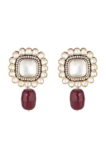 Gold Finish Maroon Drop Stud Earrings