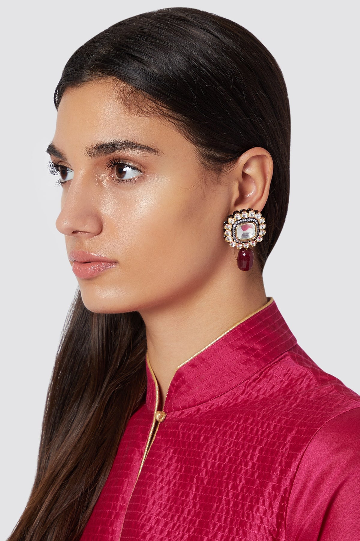 Gold Finish Maroon Drop Stud Earrings