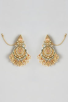 Gold Finish Rose Quartz Stone Chandbaali Earrings