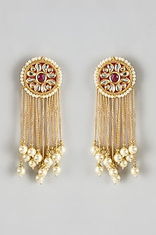 Gold Finish Kundan Polki & Pearl Meenakari Dangler Earrings