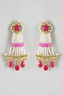Gold Finish Semi-Precious Pink Stone & Kundan Polki Dangler Earrings