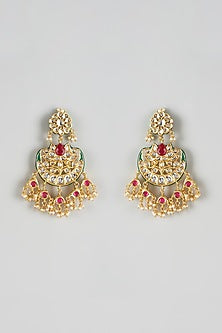 Gold Finish Red Kundan Polki Chandbali Earrings