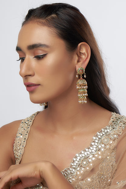 Gold Finish Moti Jhumka Earrings