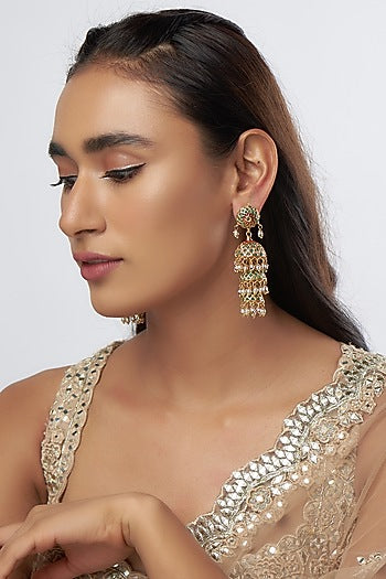 Gold Finish Moti Jhumka Earrings