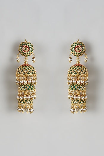 Gold Finish Moti Jhumka Earrings