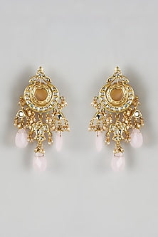 Gold Finish Rose Quartz Stone & Kundan Polki Dangler Earrings