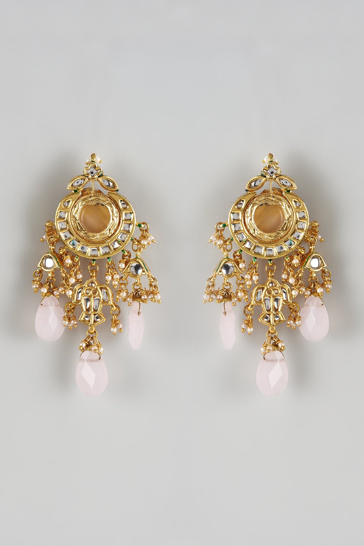 Gold Finish Rose Quartz Stone & Kundan Polki Dangler Earrings