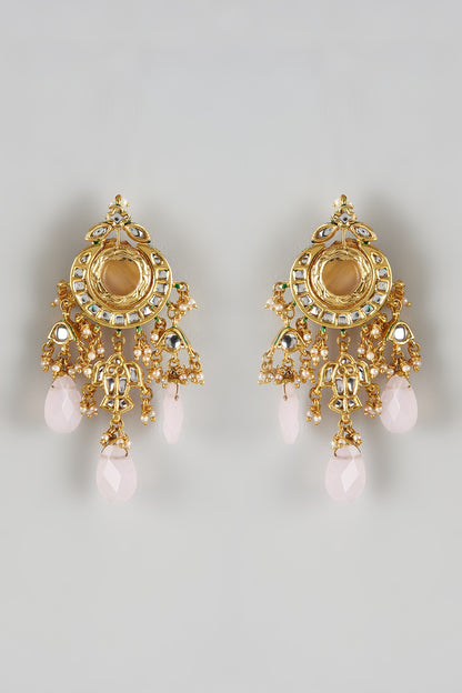 Gold Finish Rose Quartz Stone & Kundan Polki Dangler Earrings