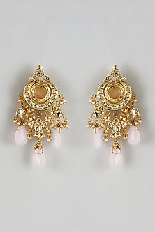 Gold Finish Rose Quartz Stone & Kundan Polki Dangler Earrings