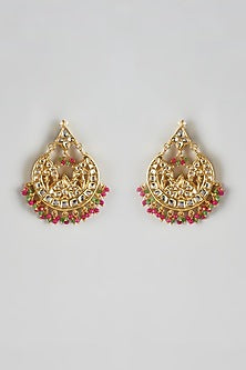 Gold Finish Kundan Polki & Beaded Drop Chandbaali Earrings