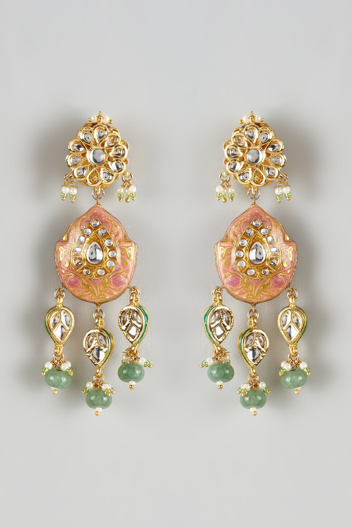 Gold Finish Kundan Polki Meenakari Dangler Earrings