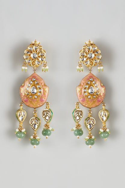 Gold Finish Kundan Polki Meenakari Dangler Earrings