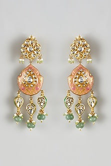 Gold Finish Kundan Polki Meenakari Dangler Earrings
