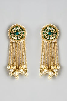 Gold Finish Kundan Polki & Pearl Meenakari Dangler Earrings