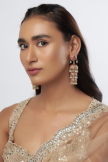 Gold Finish Moti Jhumka Earrings