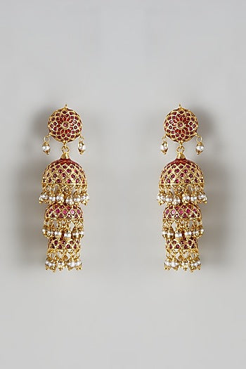 Gold Finish Moti Jhumka Earrings