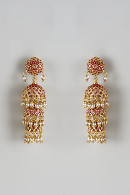 Gold Finish Moti Jhumka Earrings