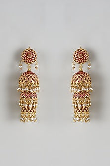Gold Finish Moti Jhumka Earrings