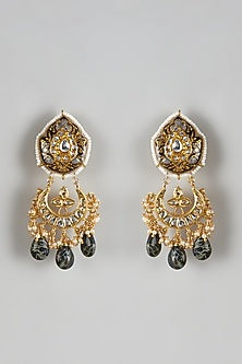 Gold Finish Kundan Polki & Drop Meenakari Chandbaali Earrings