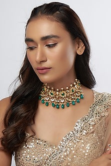 Gold Finish Semi-Precious Stone & Kundan Polki Choker Necklace