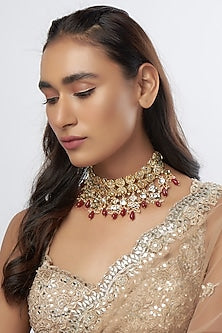 Gold Finish Semi-Precious Stone & Kundan Polki Choker Necklace