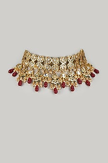 Gold Finish Semi-Precious Stone & Kundan Polki Choker Necklace